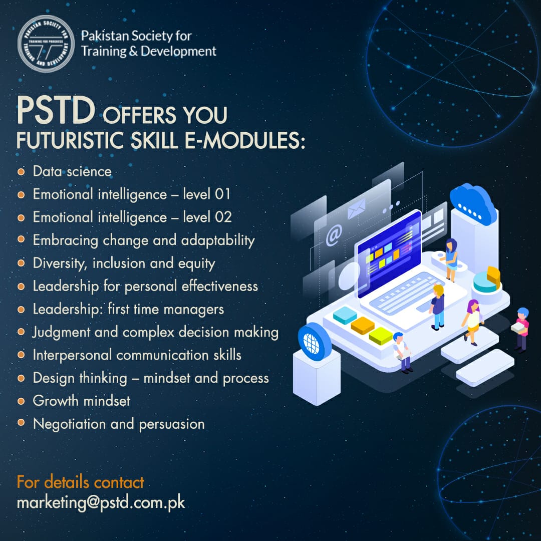 PstdSocialmedia's tweet photo. Here's the list of E-Modules that PSTD offers to build your futuristic skills.

For details contact marketing@pstd.com.pk

.
#futuristicskills #pstd #skillsdevelopment #ei #elearning #emodules #designthinking #datascience #DigitalTransformation https://t.co/pFEX2muwvy