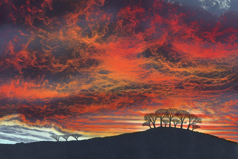This large fiery sky began as an exploration in colour. I wanted to find a way to achieve a sunset sky that wasn't delicate pinks but brooding, powerful reds. rebecca-vincent.co.uk/product-page/c…