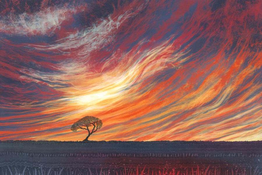 Introducing 'Sky Flame', a new original monotype. Now sold, this is part of the new series featured in my blog post. The lone tree in this piece not only gives life and interpretation but also lends an air of determination. Prints can be ordered. rebecca-vincent.co.uk/single-post/re…