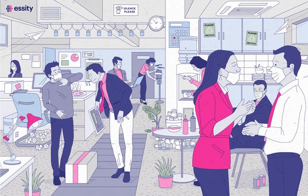 OnePoll's tweet photo. Are you guilty of conducting one of the office sins illustrated in this busy work scene? Following Boris Johnson's 'Living With Covid' plan, our research for @Essity revealed the top office gripes. #ressearch #office #backtowork #livingwithcovid #stats #insight https://t.co/NU5rXlyEX4