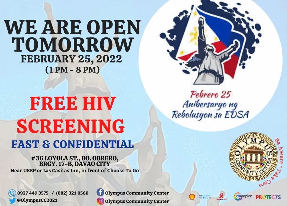 OlympusCC2021's tweet photo. February 25, 2022 will be the 36th Anniversary of the EDSA People Power Revolution and proclaimed as a special non-working holiday.
Best time also to visit us to get yourself tested for HIV and it's FREE.
FREE Condoms, Lubricants and PrEP are available ☺️
#FREEHIVScreening https://t.co/Fs20fFiTzY