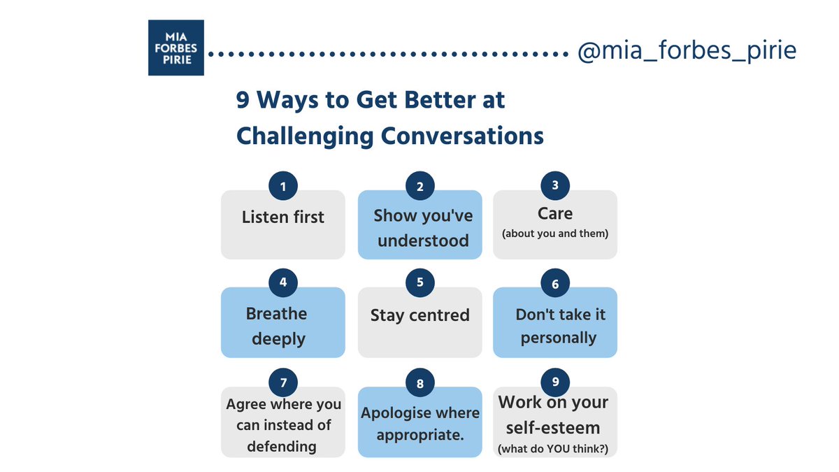 9 simple and not so simple ways to get better at difficult conversations. 

#thursdaytip #relationshipskills #communicationskills #leadershipskills #mediation #lifehack #betterconversations #communicationcoaching