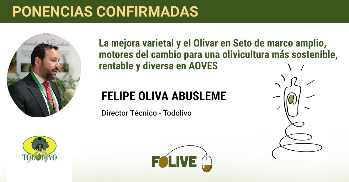 💥¡Ponencia confirmada! Felipe Oliva Abusleme, Director Técnico de @todolivo participará en #Folive2022.

¿Te lo vas a perder? ¡Regístrate ahora!
👉 folive.vfairs.com👈

#AOVE #aceituna #alimentosdeespaña #innovación #folive #aceitedeoliva