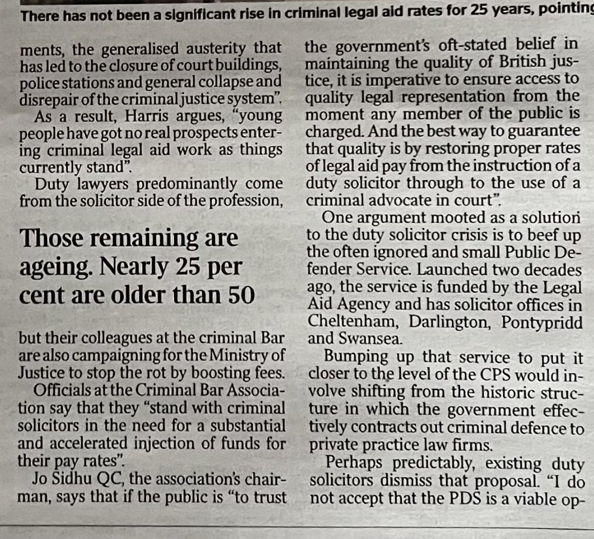 JamesDRossiter's tweet photo. “Officials at the Criminal Bar Association say that they “stand with criminal solicitors in the need for a substantial and accelerated injection of funds for their pay rates” @TheCriminalBar chair @JoSidhuQC in  @thetimes @TimesLaw 4 square with criminal #legalaid +solicitors https://t.co/zHUDSMSlRX