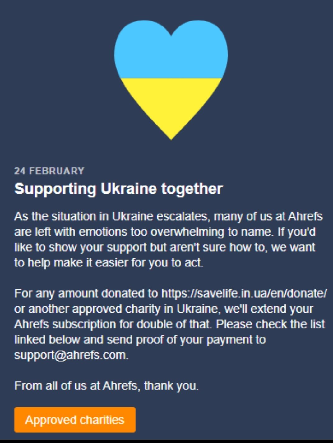 Crystal Carter on Twitter: "Thanks to @ahrefs for highlighting charities  that are supporting Ukraine during this time. Best wishes to everyone  there. https://t.co/2Z37NIQf6s https://t.co/D08PIQiiyq" / Twitter