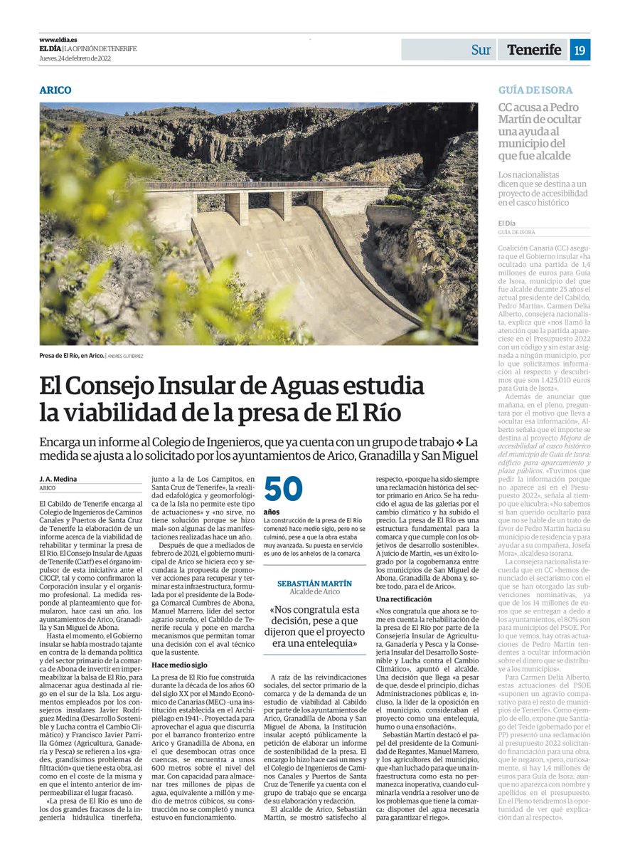 AytoArico's tweet photo. El Cabildo de Tenerife ha reculado y ha decidido encargar al Colegio de Ingenieros de Caminos,
Canales y Puertos de Santa Cruz de Tenerife la elaboración de un informe acerca de la viabilidad de
rehabilitar y terminar la presa de El Río. (Abrimos hilo)👇 https://t.co/NiNN3n5Bgp