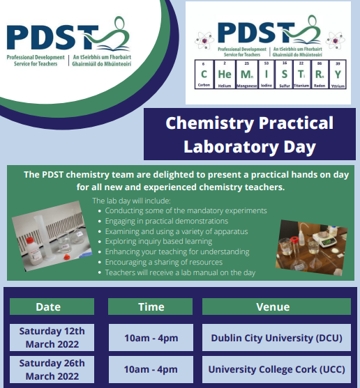 PDST Chemistry Practical Laboratory Day - 12 and 26 March - bit.ly/3HhQnFF