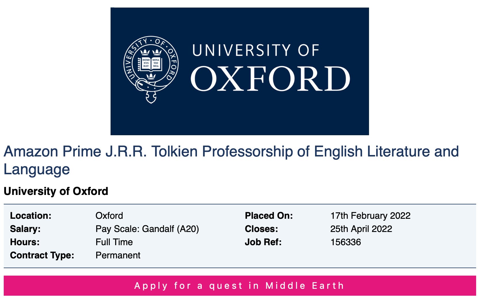 Stewart J. Brookes on Twitter: "Job alert! As an apparent tie-in to  @amazon's “Rings of Power”, @UniofOxford have resuscitated the "JRRR  Tolkien Professorship", bringing it back from the dead like… well… Gandalf?