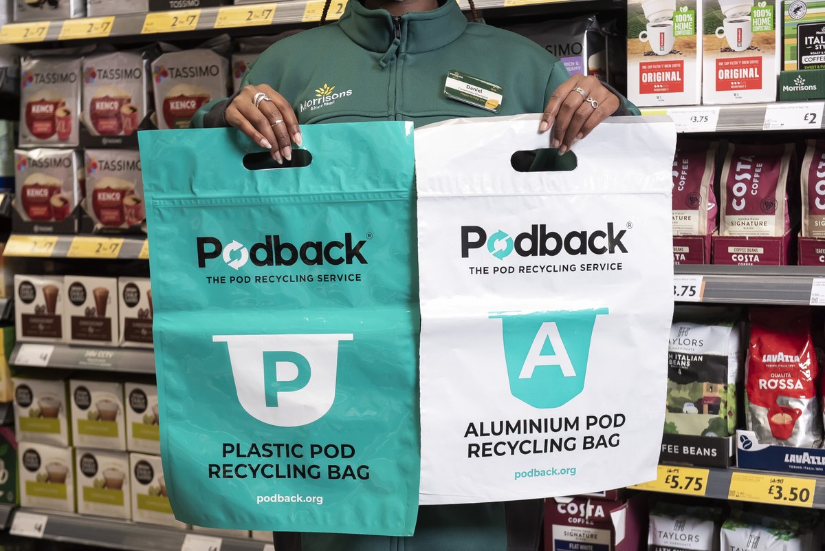 podbackuk's tweet photo. 🚨Collect+ Podback bags are now rolling out to @Morrisons stores nationwide!🚨

We're delighted to have our first supermarket on board. This is all part of our mission to make it easier to recycle #coffeepods https://t.co/6tIYCRfQee https://t.co/woBuEY9DpW