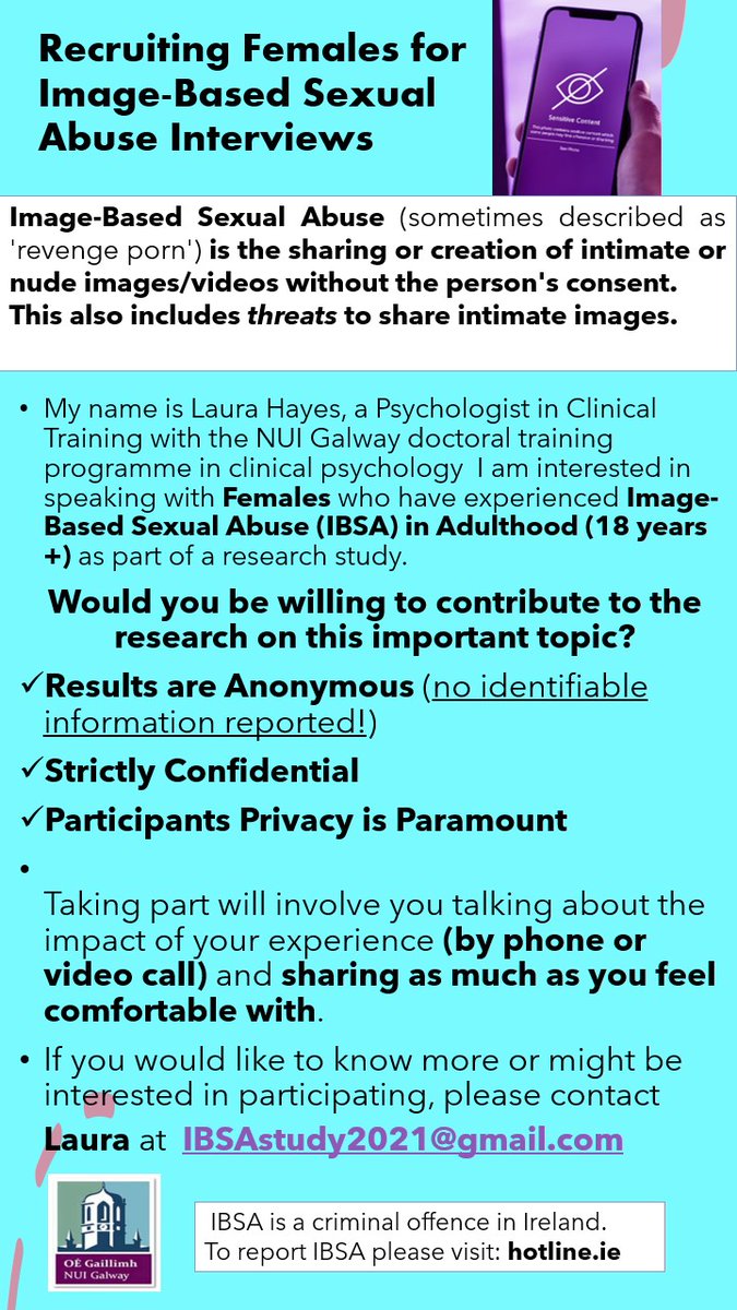 LauraHayesPsy's tweet photo. **Final call for #Female participants for #ImageBasedSexualAbuse research in #Ireland** 
Strictly confidential and anonymous. All RTs and Shares are greatly appreciated! @ResearchGBA
@RCNIreland
@ActiveConsent
@share_ireland
@TheUSI
@NUIGSU @CoerciveCtrl_IE
@BeLonG_To
@ywirl https://t.co/8L6EHntIjp