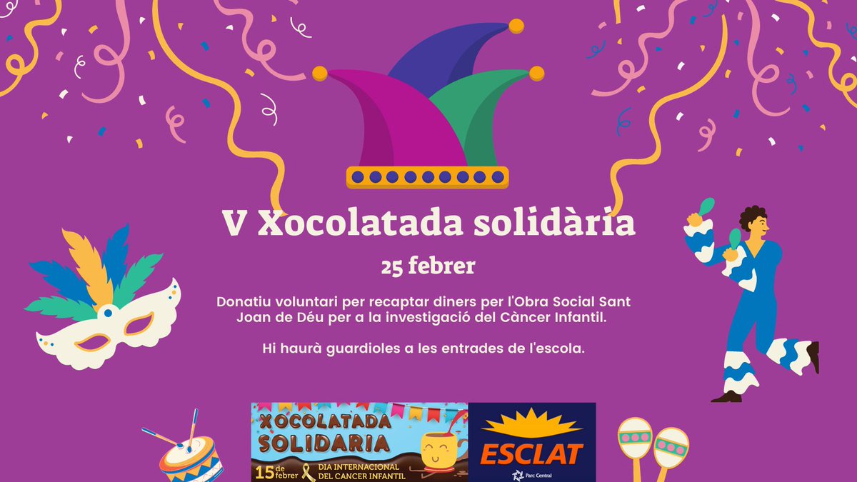 🎉 Aquest divendres 25 de febrer a l'escola els nens i nenes celebraran la festa del carnaval i des de l'<a href="/AmpaPax/">AFA Pax</a> organitzem la V Xocolatada Solidària per recaptar diners per Obra Social Sant Joan de Déu per a la investigació del Càncer Infantil.