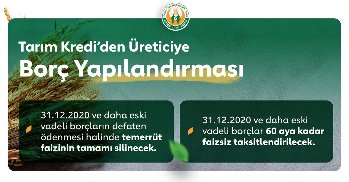 Tarım Krediden üreticilerimize yapılandırma imkanı:

31.12.2020 tarihi ve öncesi vadeli kredi borcu bulunan ortaklarımıza defaten ödeme veya taksitlendirme suretiyle yapılandırma imkânı sağlanmıştır. #TarımKredi #ÜreticimizinYanındayız
tarimkredi.org.tr/tar%C4%B1m-kre…
