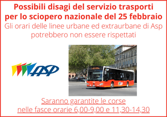 AstiServPubbl's tweet photo. Venerdì 25 febbraio, per lo sciopero nazionale dei traporti, gli orari dei bus di Asp potrebbero non essere rispettati. Saranno garantite le corse nelle fasce orarie 6,00-9,00 e 11,30-14,30. https://t.co/p4fPS8GrkY