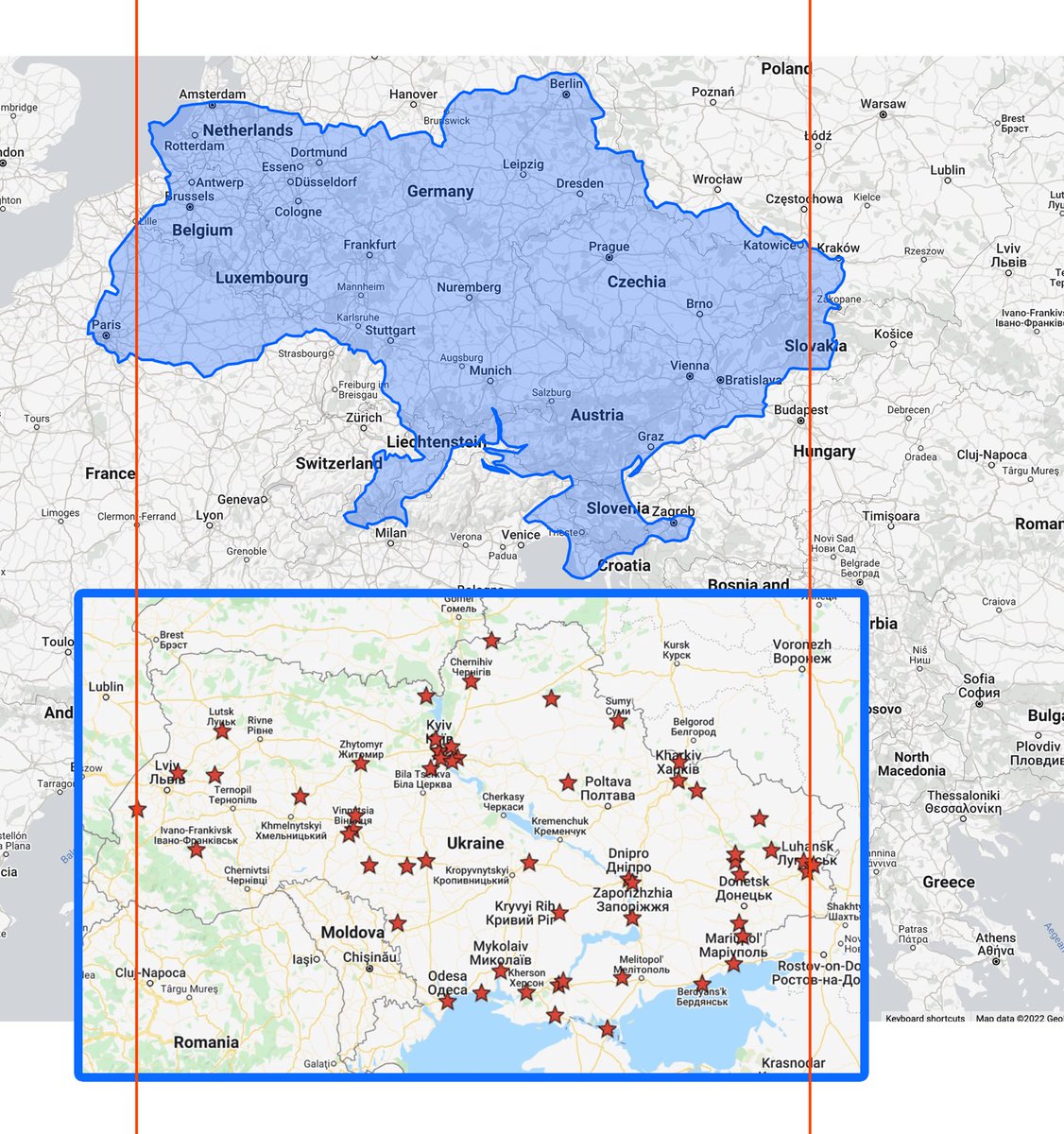 neontie's tweet photo. Confirmed shellings of Ukraine so far today. US and Central Europe superimposed for scale.  #Ukraine https://t.co/bsKtqztqbZ