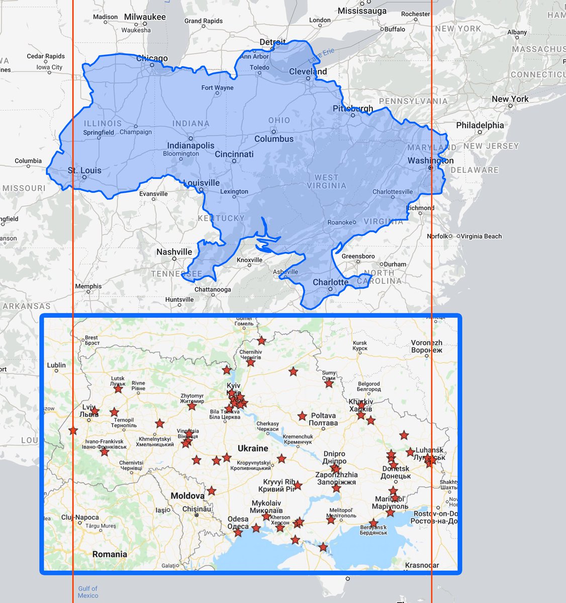 neontie's tweet photo. Confirmed shellings of Ukraine so far today. US and Central Europe superimposed for scale.  #Ukraine https://t.co/bsKtqztqbZ