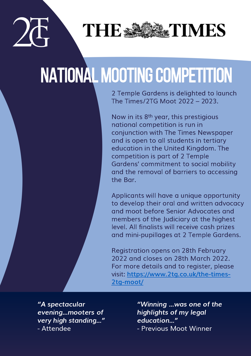 2TempleGardens's tweet photo. 2 Temple Gardens is pleased to announce that The Times/2TG Moot 2022–2023 will be launched on 28th February 2022. For more details and to register please visit: https://t.co/GTAtPy0lru 

#national #mooting #competition @thetimes @2TempleGardens https://t.co/MkPV7vP1WM