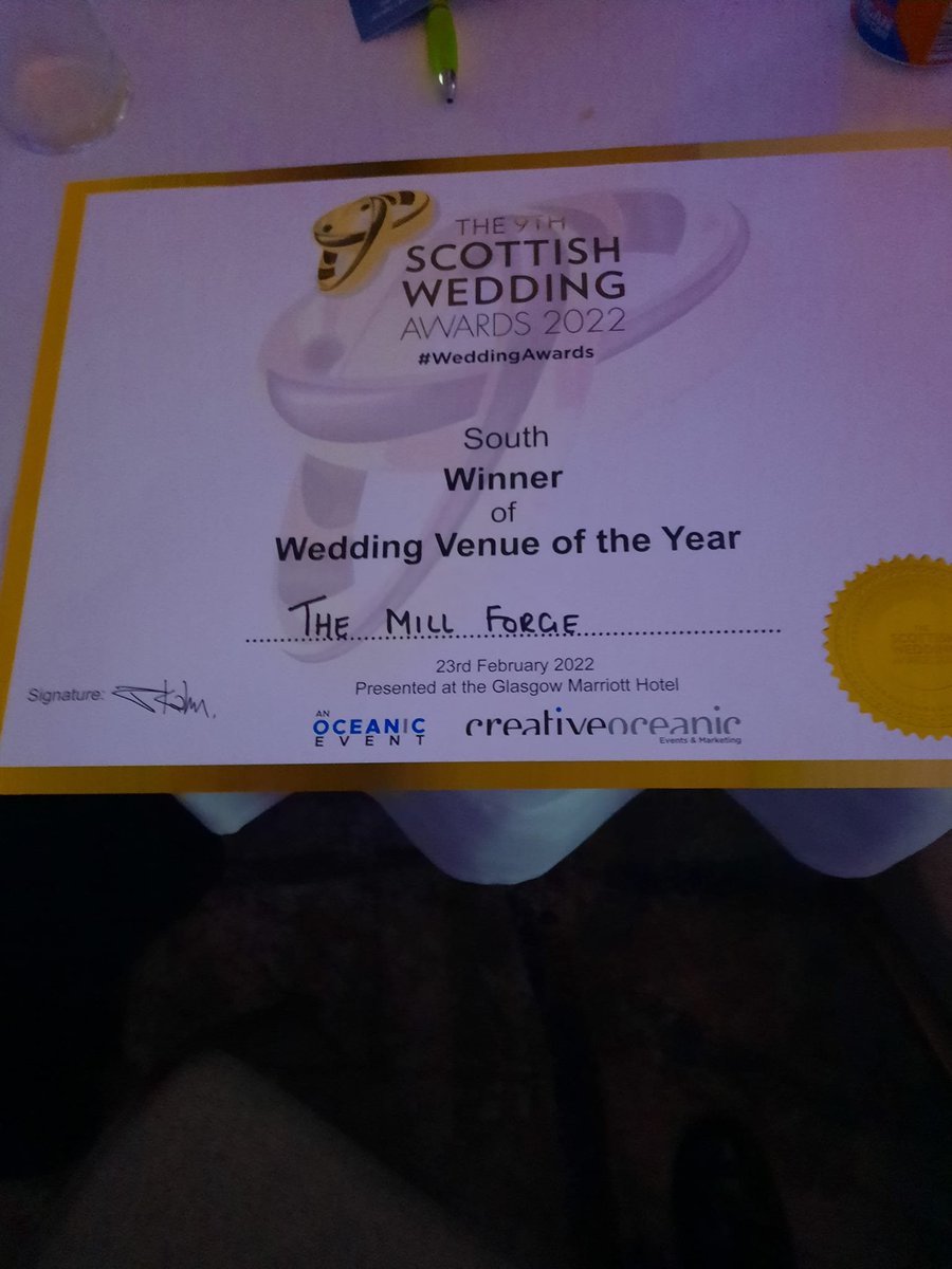 TheMillForge's tweet photo. We are delighted to share with you that we won the South Wedding Venue of the Year award at the Scottish Wedding Awards. https://t.co/2uEziuhhrB