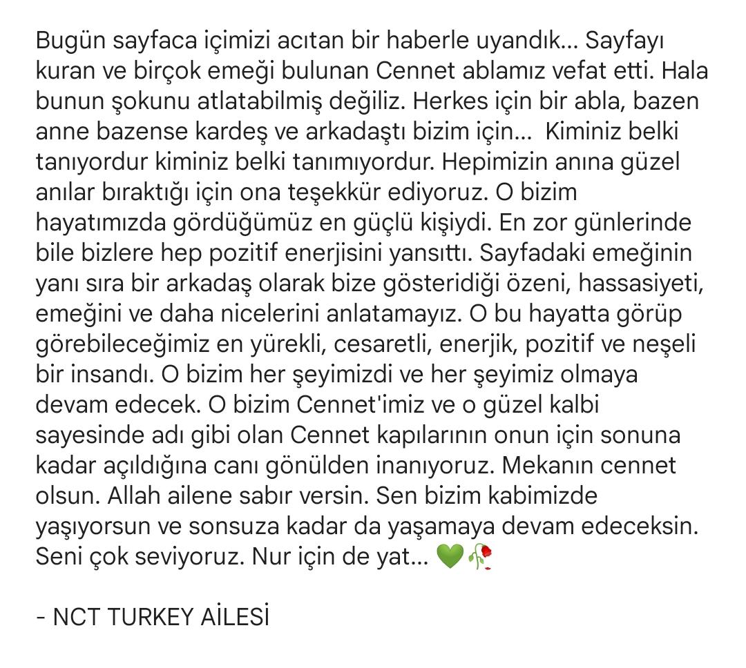 Sayfamızın kurucusu Cennet'i rahmet ve özlemle anıyoruz. Seni hep hatırlayacağız ve seveceğiz. 💚🥀