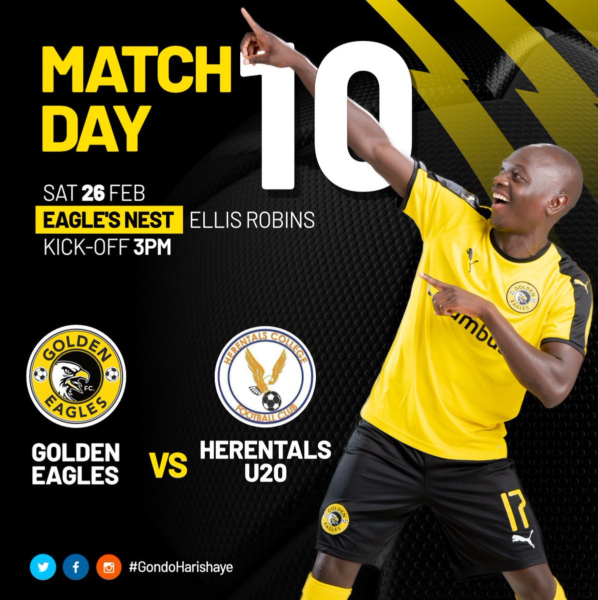 It’s a top of the table clash at the Eagle’s Nest on Saturday! 

⏰ 3pm Kick-off

📍 Ellis Robins 

#GondoHarishaye🦅
