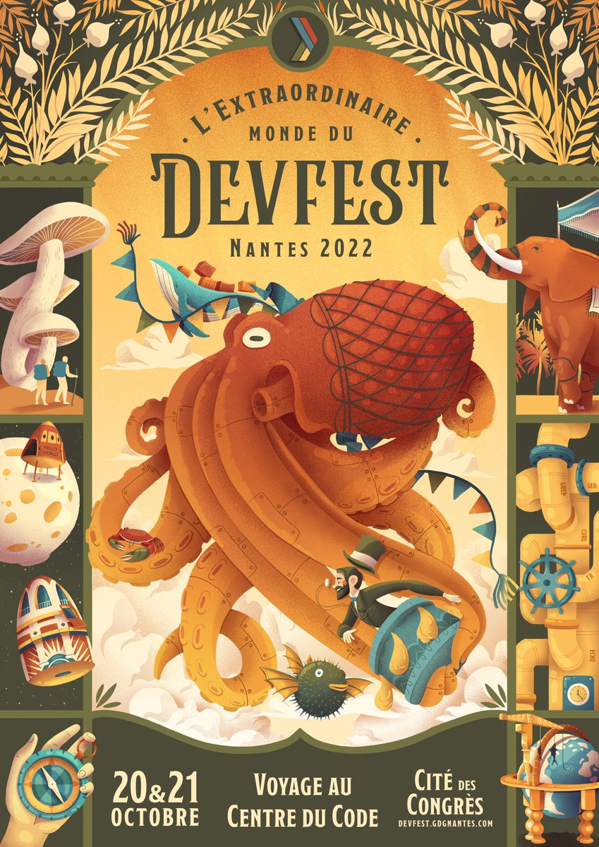 Devfest Nantes (@devfestnantes) on Twitter photo Cette année, pour les 10 ans du Devfest, nous souhaitons mettre en valeur l'histoire de Nantes.
Nous ferons un voyage au centre du code avec "Jules Verne" 📚
Affiche par la talentueuse <a href="/Luizalaffitte/">Luiza Laffitte</a> 🤩 Cette année, pour les 10 ans du Devfest, nous souhaitons mettre en valeur l'histoire de Nantes.
Nous ferons un voyage au centre du code avec "Jules Verne" 📚
Affiche par la talentueuse <a href="/Luizalaffitte/">Luiza Laffitte</a> 🤩