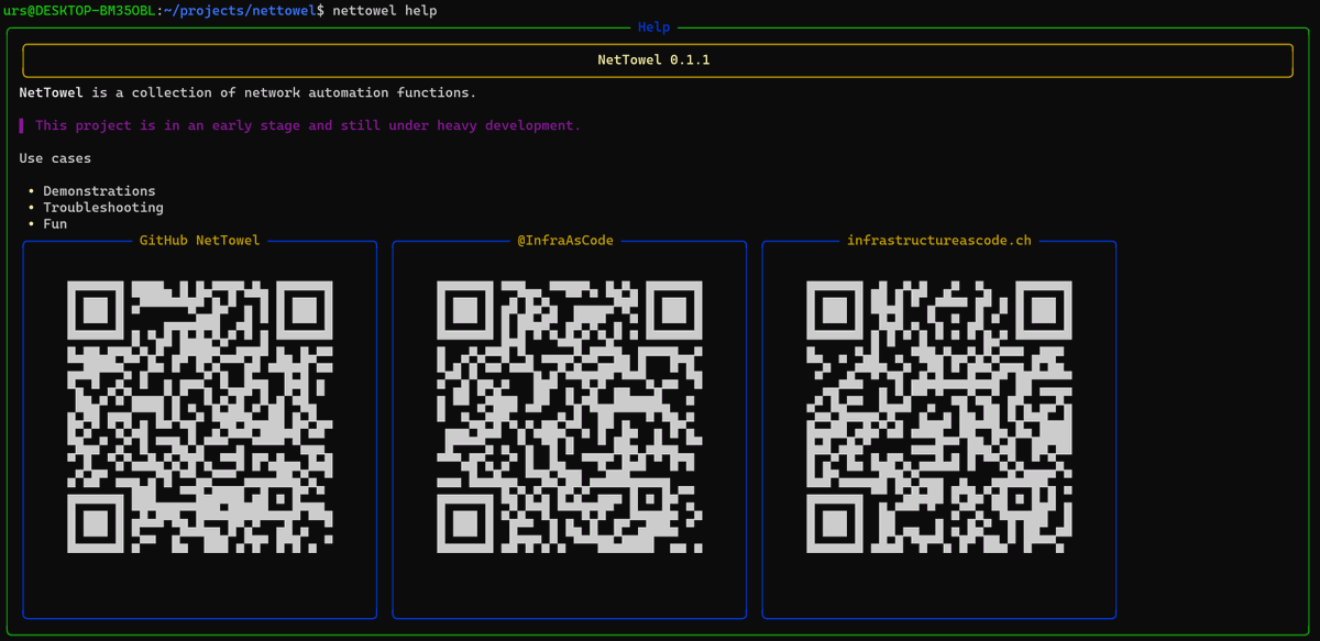 InfraAsCode's tweet image. The Python library qrcode (pypi.org/project/qrcode/) is an easy way to create text-based QR codes, and thanks to the magic of Rich (@willmcgugan), it&apos;s easy to place them nicely in the console.