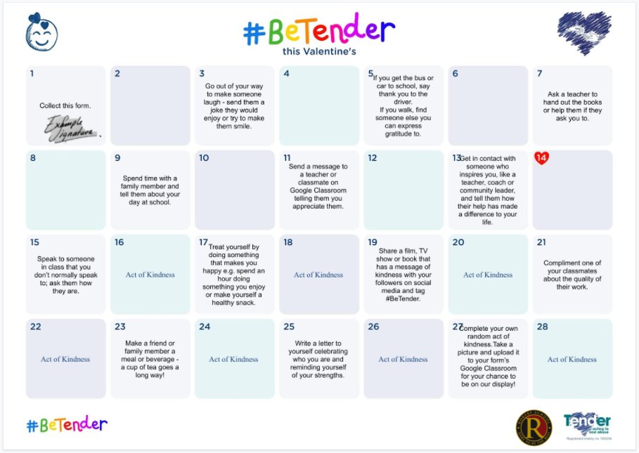 Rokeby_School's tweet photo. Our boys are coming to end of the #BeTender '14 Acts of Kindness Challenge', being kind to themselves and others throughout February. It's been so nice for us having all that extra kindness around! #ThankYou #kindness @TenderUK @SBonnellSchool @ListerSchool @EastleaSchool https://t.co/3pOy0OvWgs