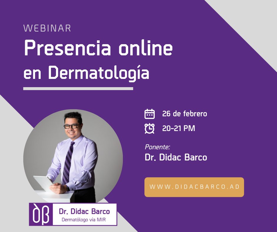 DrDidacBarco's tweet photo. 💥 ¡Regístrate en el #webinar de este sábado! 💥

💻 'Presencia online en Dermatología' a las 20h. 💻

🔗 Registro: https://t.co/0nsz23vvaG

#dermatologo #dermatologia #dermatology #presenciaonline #medicina #salud #redesociales #formacionmedica #formacion #didacbarco https://t.co/CpZenlyM6Y