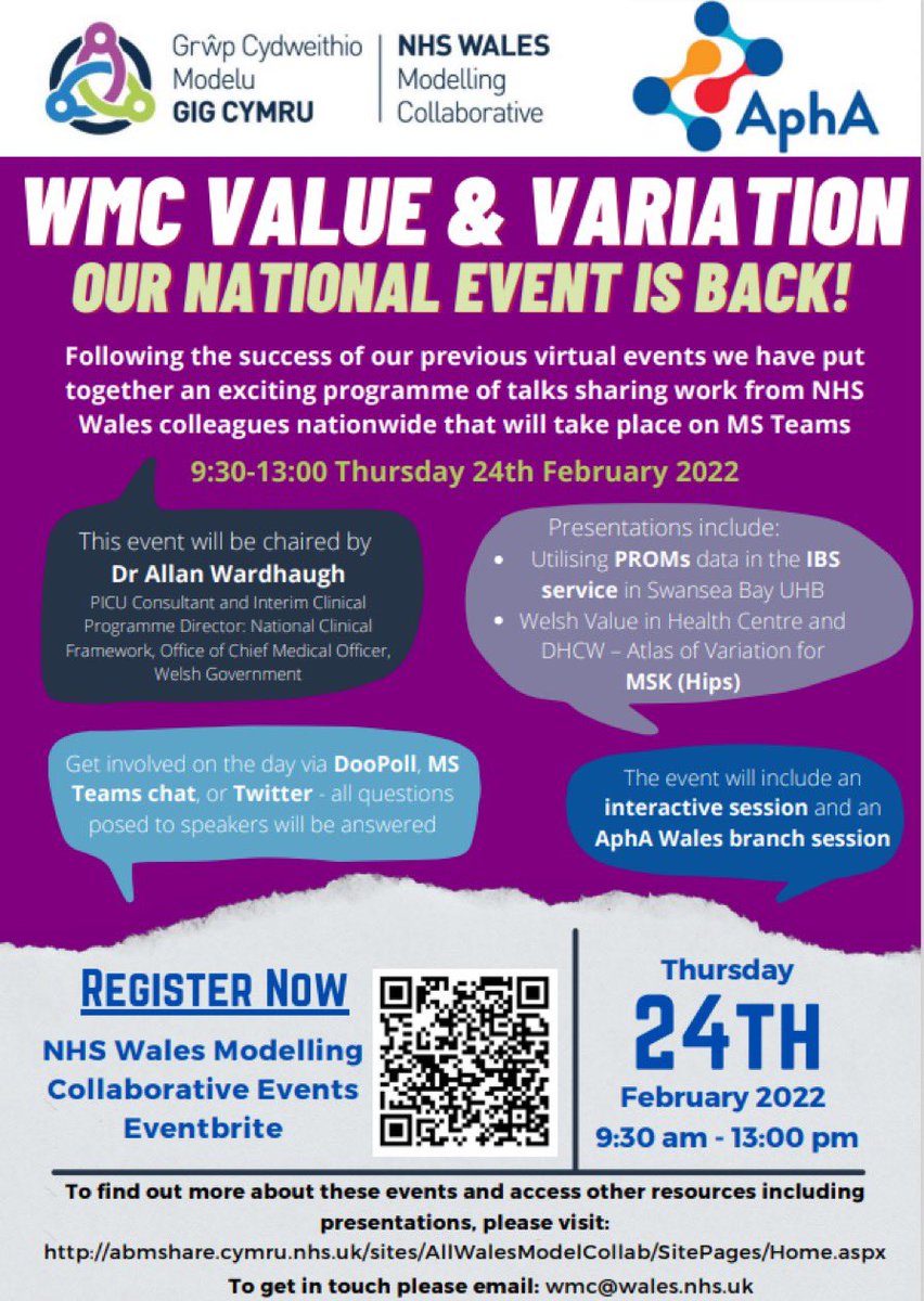 Good morning. Looking forward to hosting the first WMC event of the year.  Todays Value &amp; Variation event will include presentations, interactive session &amp; an AphA Wales branch session. #WMC2022 #Valuebasedhealth #NHSModellingCollab