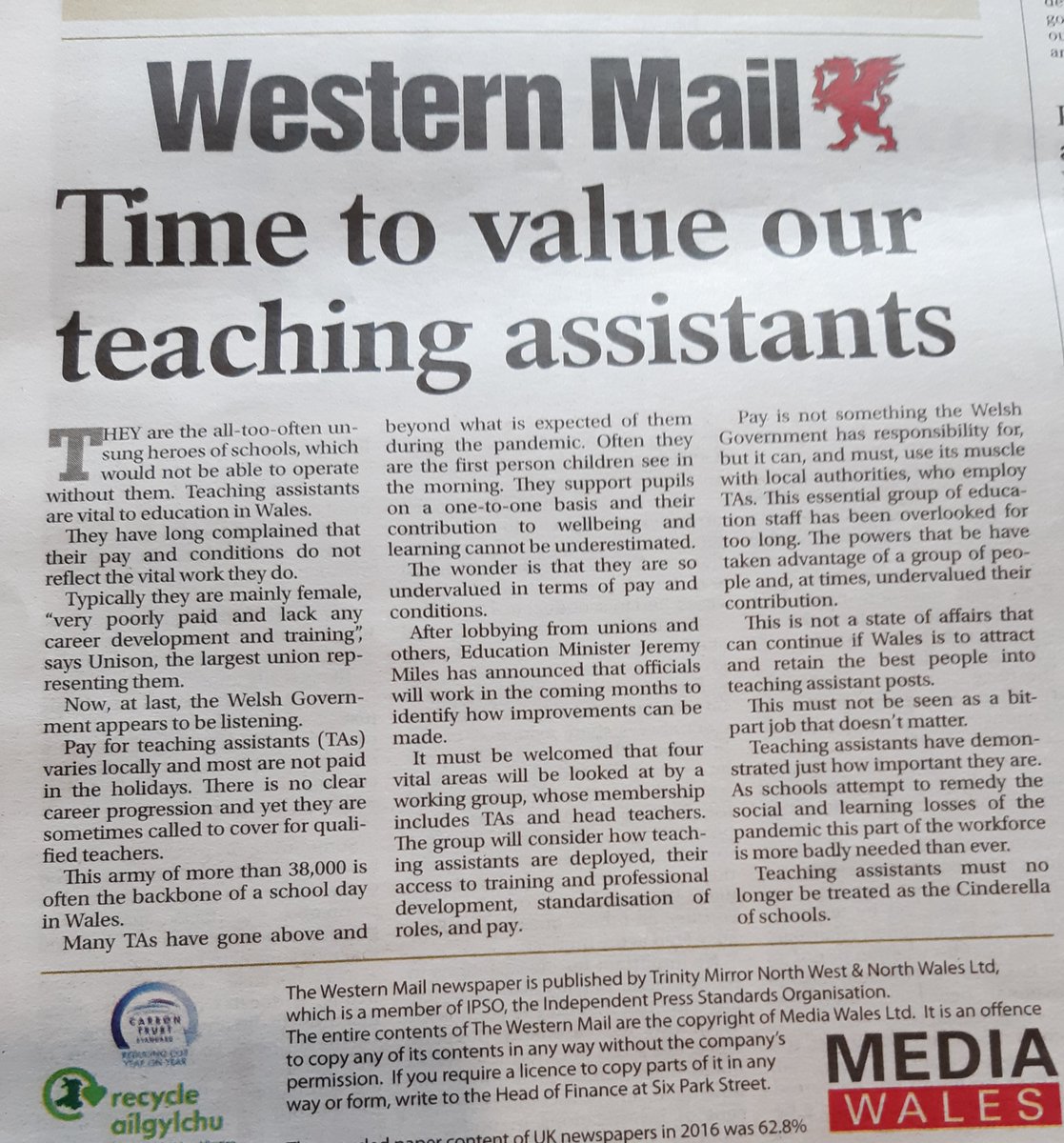 UNISONWales's tweet photo. It’s not every day a newspaper devotes its editorial to a UNISON campaign! Yes, it is time teaching assistants and all school support staff were better valued. Thank you, Western Mail, for your support in yesterday's paper @WalesOnline @UNISONinSchools https://t.co/qC5pIo3YAn