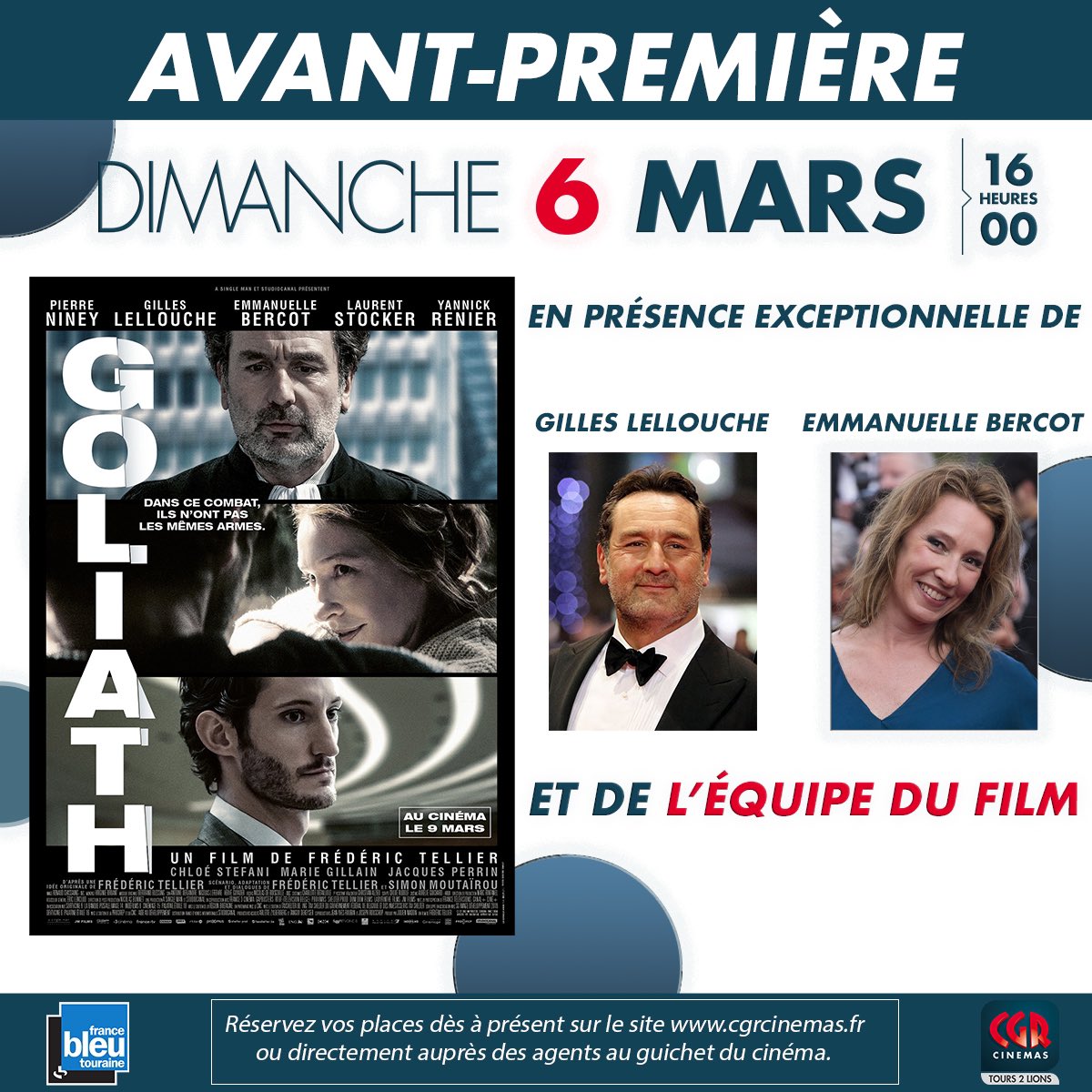 🚨 AVANT-PREMIÈRE 🚨

Dimanche 6 mars nous recevrons Gilles Lellouche et Emmanuelle Bercot qui viendront nous présenter le film #Goliath.

Réservez dès maintenant vos places sur notre site internet. 🍿 

cgrcinemas.fr/tours2/reserve…