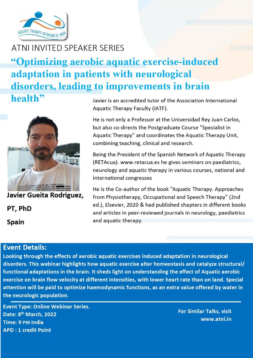GueitaJ's tweet photo. I´ll be with the Aquatic Therapy Network of India, talking about “Optimising aerobic aquatic exercise-induced adaptations in patients with neurological disorders, leading to improvements in brain health”
in case some of you won't have any more fun plans, U are invited to join us. https://t.co/8TWLwGU635