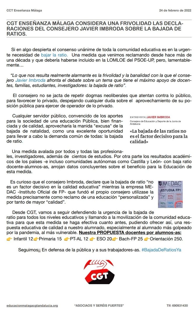 🔴[COMUNICADO]
‼️“Nos resulta realmente alarmante es la frivolidad y la banalidad 🥳con la que el consejero Javier Imbroda 🙈afronta el debate sobre un tema que tiene el máximo apoyo de docentes, familias, estudiantes, investigadores🤷🏻‍♀️:  #BajadaDeRatios