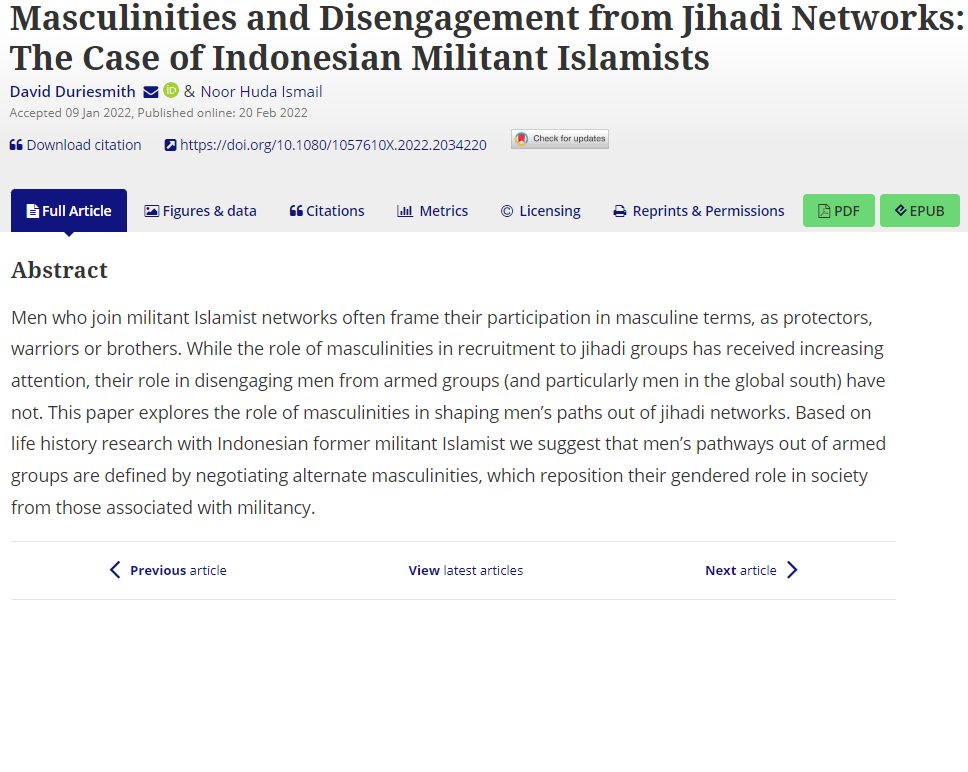 My latest with 
@noorhudaismail
 is now out and open access in Studies in Conflict & Terrorism. In the piece, we explore how men negotiate pathways into alternative masculinities while trying to disengage from Indonesian foreign fighter networks doi.org/10.1080/105761…