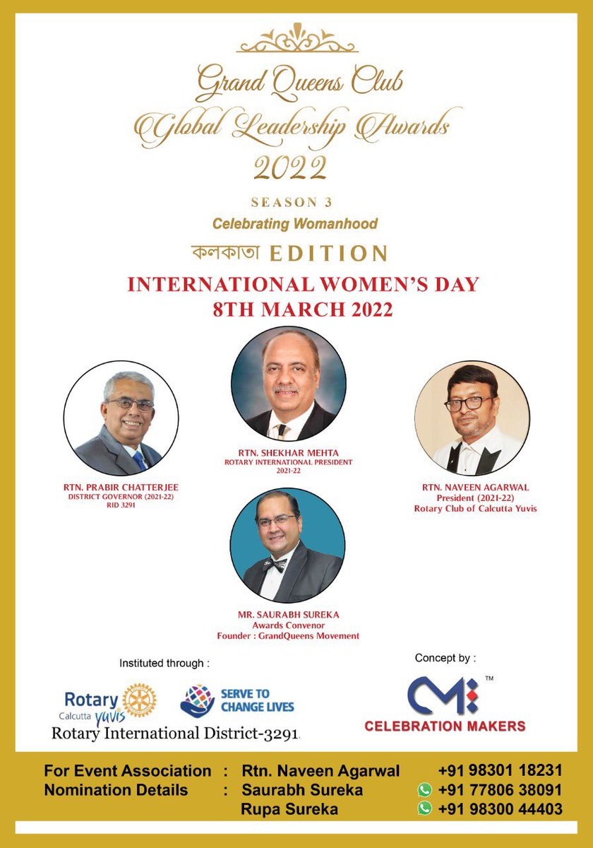 RotaryYuvis's tweet photo. International Women's Day - March 8th’ 22
Rotary Club of Calcutta Yuvis RID 3291 is glad to institute *GrandQueens Club Global Leadership Awards ‘22 Season 3,Kolkata Edition on *International Women's Day - 8th March 22concept by *Celebration Makers*
The Award nomination by28feb. https://t.co/cqXaSL5y2b