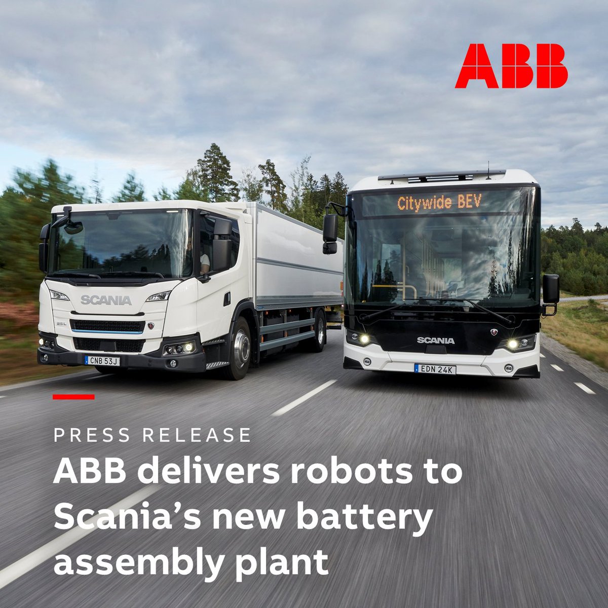 ABBRobotics's tweet photo. With our expertise &amp; a comprehensive range of #robotic solutions, we will design and help implement #manufacturing flexibility at @ScaniaGroup's new #battery assembly facility in Sweden, accelerating the electrification of heavy vehicles. https://t.co/u4vNS7nTqW https://t.co/9K22FuDYLB