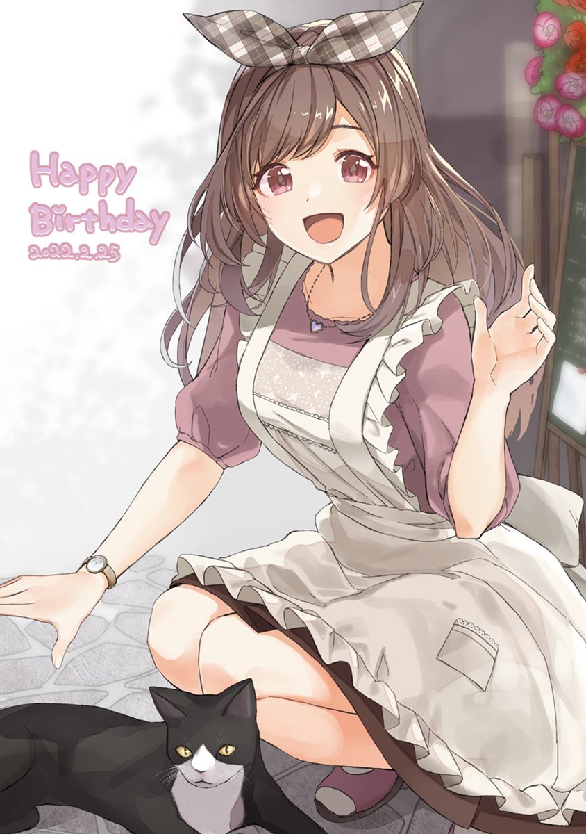 tsukioka kogane 1girl squatting brown hair cat apron happy birthday watch  illustration images