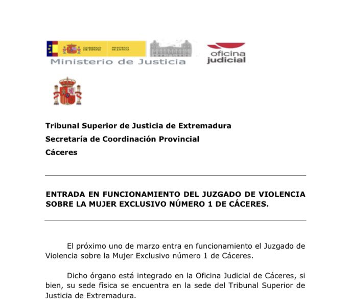 Buenas noticias desde <a href="/TSJEXT/">TSJ Extremadura</a> por fin tenemos Juzgado exclusivo de #ViolenciaDeGénero en Cáceres lo que redundará en beneficio de las víctimas y también de los profesionales pues un mixto con la especialidad de VG era un juzgado aún más saturado que los demás