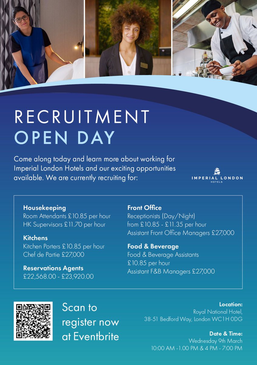 Come and meet the team here at Imperial London Hotels and find out more on current opportunities and working for us!

We are holding an Open Day at our Royal National Hotel - click on the link below to register your interest for the day:
eventbrite.co.uk/e/imperial-lon…
#HospitalityJobs