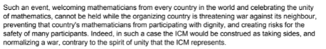 arendbayer's tweet photo. A letter signed by >100 invited speakers of the ICM (International Congress of Mathematicians) 2022, which is scheduled to take place in St. Petersburg in July. [The text was finalised on Sunday.] https://t.co/phfROTyguS Excerpt below. https://t.co/pUobOJXdhv