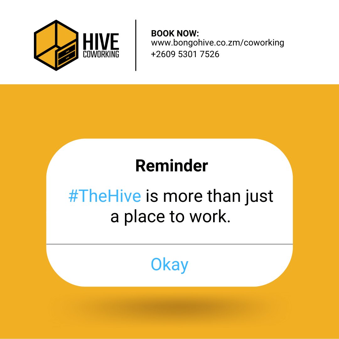 hivecoworkingzm's tweet photo. Our workspace at #TheHive is more than just a place to plug in your laptop. Here, you can meet new people, ideate, socialize & spark conversations that'll lead to #innovation & growth.
#LusakaCoworking #HiveCoworking #Startup #entrepreneurlife https://t.co/mMpzXMAhlz