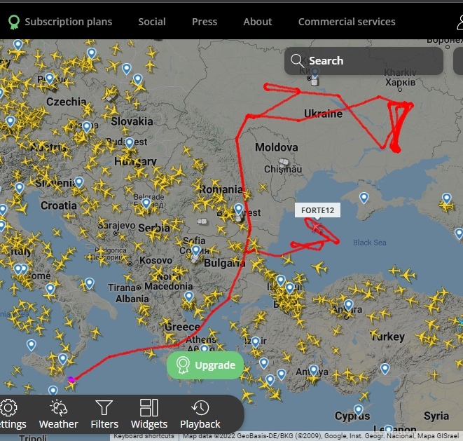 Metaverse911's tweet photo. @flightradar24 what does this plane do on 02/24/2022? https://t.co/D9Y7uV6AAV