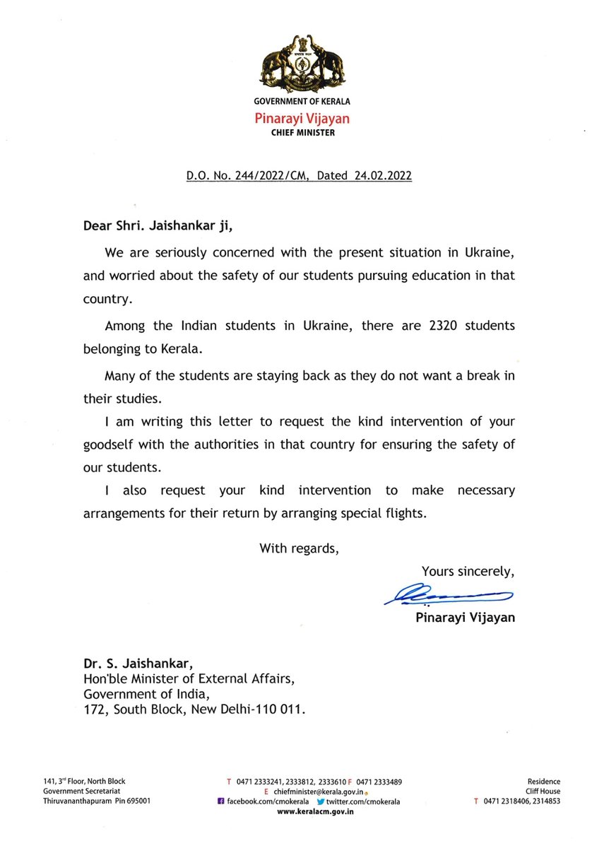 pinarayivijayan's tweet photo. Sent a letter to Union External Affairs Minister @DrSJaishankar for immediate intervention to ensure the safety of Indian students in Ukraine of which 2,320 are Malayalees. Demanded that steps be taken to repatriate them as soon as possible. https://t.co/Ei1EirwD1G