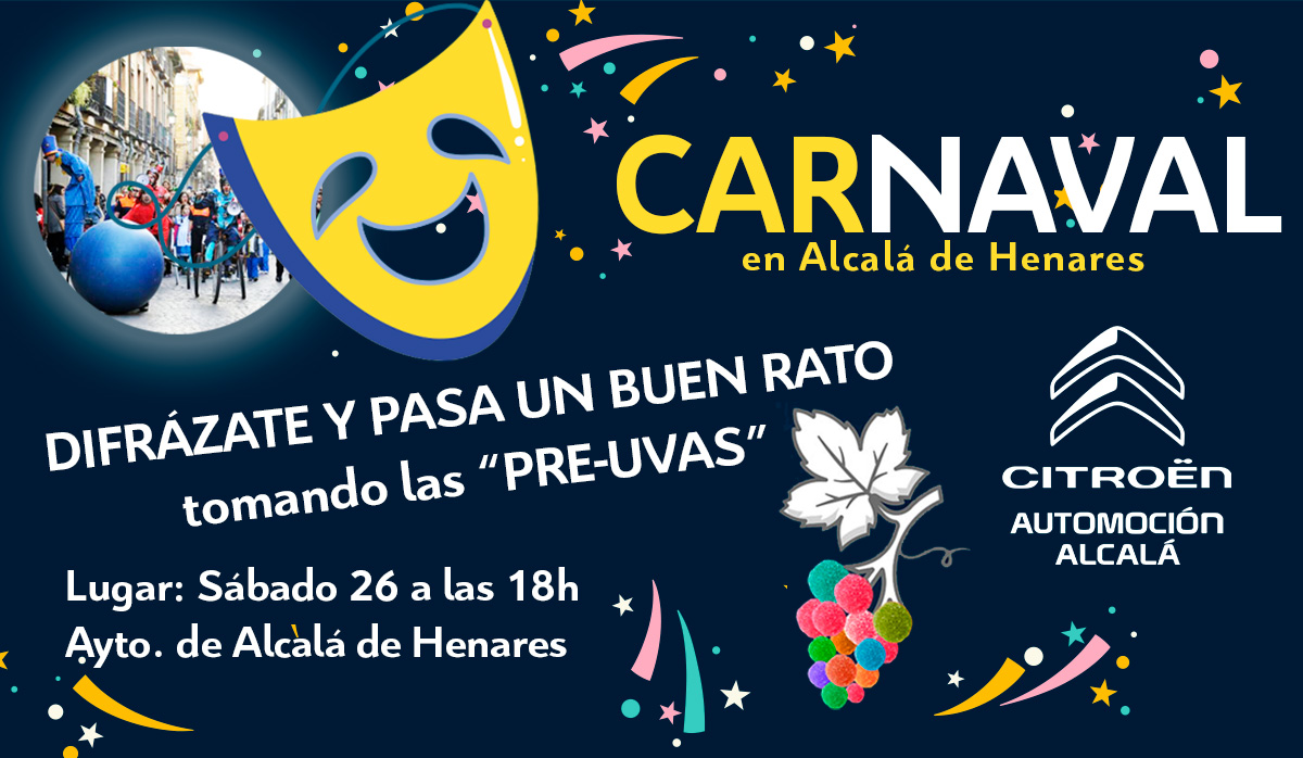 Vuelve el Carnaval cargadito de ilusión!! 
 Automoción Alcalá junto a <a href="/SERHenares/">SER Henares</a> y las @Pennasalcala estaremos el sábado 26 a las 18h en la puerta del Ayto. para tomar las "pre-uvas" (chuches, la bolsa 1€) Acción solidaria🥳 ¡OS ESPERAMOS! bit.ly/3pcFuOZ #citroenalcala