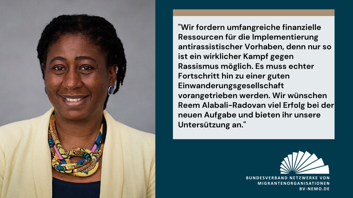 Die #BVNeMO-Vorsitzende Dr. Elizabeth Beloe begrüßt die Berufung von @ReemAlabali zur Beauftragten für #Antirassismus ausdrücklich. Im Namen des BV NeMO wünscht sie ihr viel Erfolg bei dieser neuen Aufgabe und bietet dessen Unterstützung an.