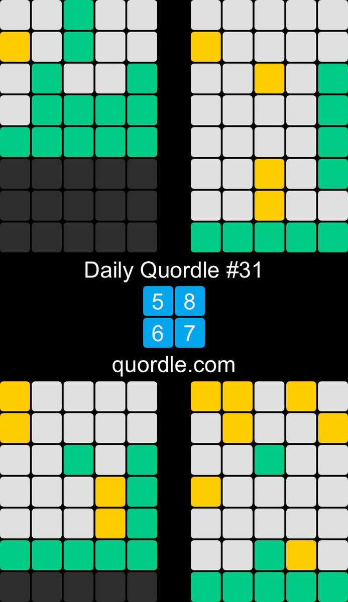 Daily Quordle #31
5️⃣8️⃣
6️⃣7️⃣
quordle.com