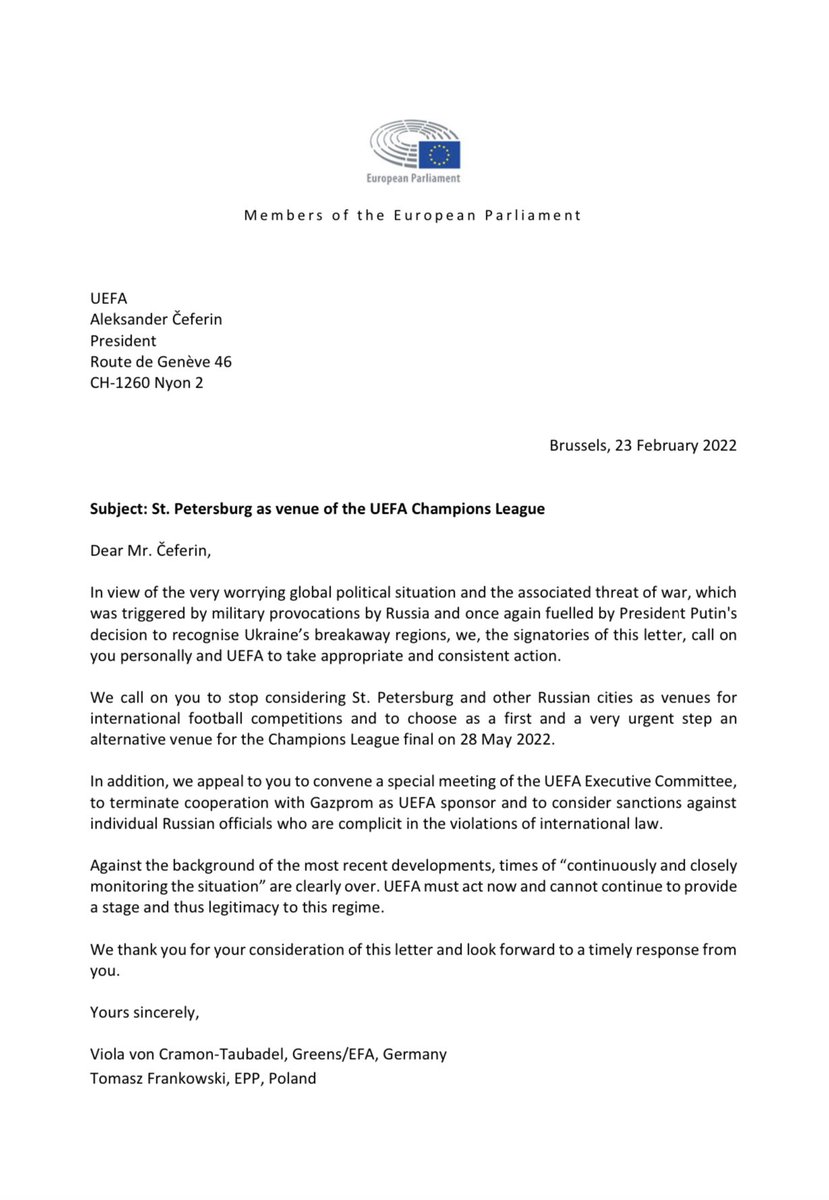 saskiabricmont's tweet photo. #StandWithUkraine Together with 60 MEPs, we call on @UEFA to reconsider its decision to hold the @ChampionsLeague final in St Petersburg on 28 May. No one can stand by and watch the Russian military action in #Ukraine https://t.co/N9tsTQjO7J