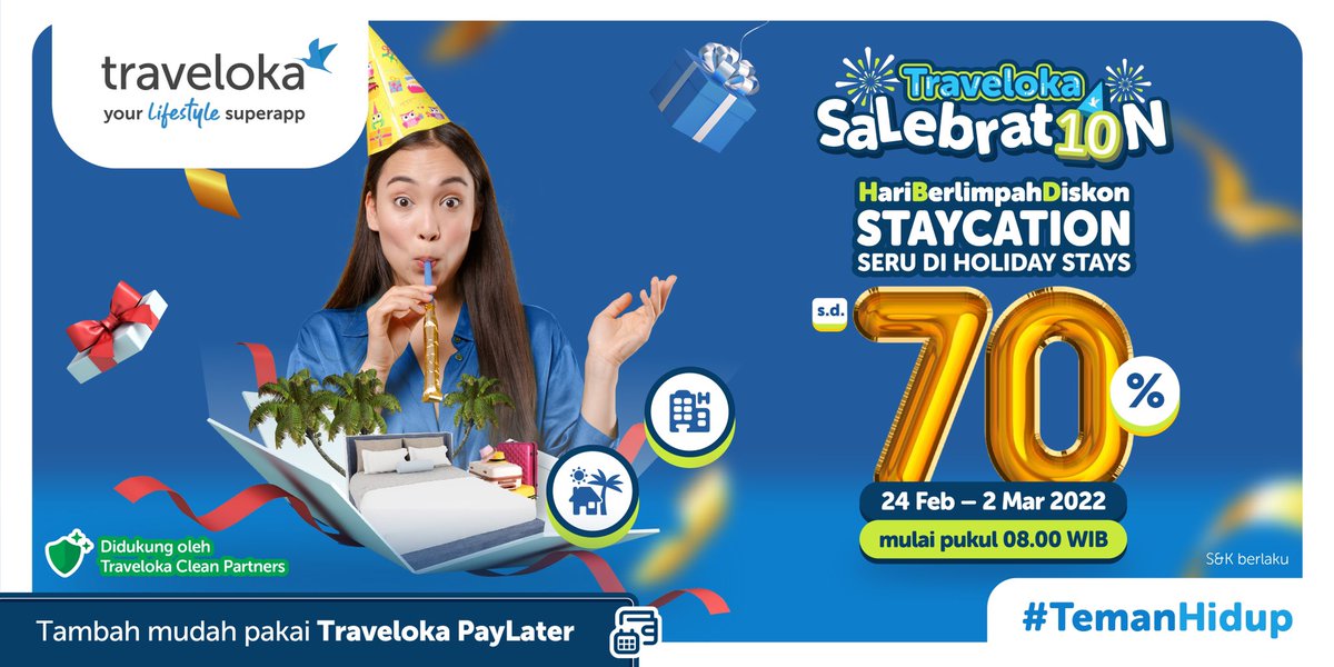 traveloka's tweet photo. GIVEAWAY TOTAL 10 JUTA dalam rangka ulang tahun Traveloka yg ke-10!!! 🏢✨

Caranya:
• Follow aku
• RT &amp; LIKE tweet ini
• Reply: Terima kasih udah kasih Hari Berlimpah Diskon s.d. 70% sampe 2 Maret 2022 nanti, yay bisa staycation!
• Pake hashtag #TravelokaSalebrat10n https://t.co/IAfixlBY7j