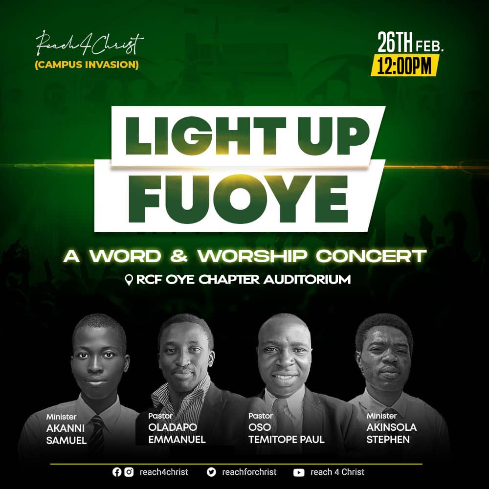 As part of the initiative to commemorate Daddy Adeboye's 80th birthday, we would be hosting believers on campus in our auditorium this Saturday.

Tell a friend to tell many friends, let's LIGHT UP FUOYE with our worship and the word of God. 

#Reach4Christ
#LightUpFuoye
#rcfoye
