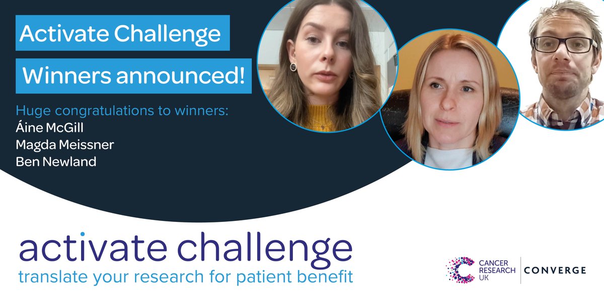 CRUKresearch's tweet photo. Congratulations to Γine McGill (@QUBelfast), Magda Meissner and Ben Newland (@cardiffuni) for being awarded as winners in our #ActivateChallenge Northern Ireland and Wales programme with @ConvergeC! π #CRUKEnterprise #TranslatingResearch https://t.co/bejRJlOXZs