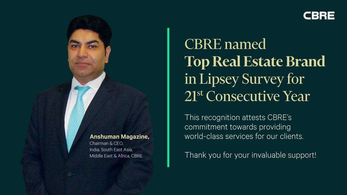 CBRE_India's tweet photo. A proud moment for all of us - @CBRE Named Top Real Estate Brand in the @TheLipseyCo survey for the 21st consecutive year!
@AnshumanMagzine shares his congratulatory message for all those who have made this possible!
#IamCBRE #OneCBRE https://t.co/ysO8CIzOaR